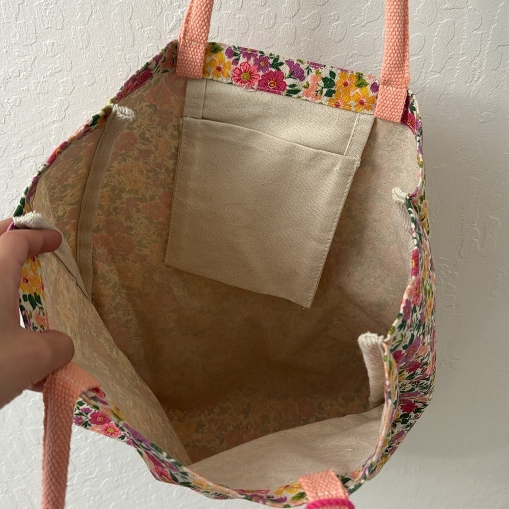 Eccolo Bright Pink Reusable Floral Canvas Tote Yellow Green Purple - Picture 3 of 3